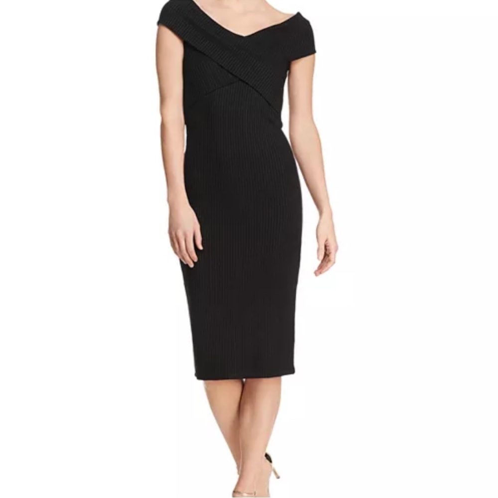 Michael Kors Black ribbed crossover collar stretch dress midi size XLarge